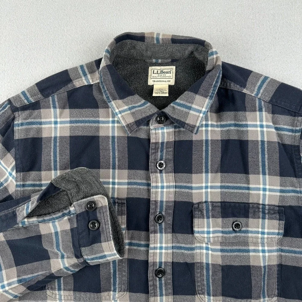 LL Bean Fleece Lined Flannel Shirt Jacket Mens L Tall Navy Blue Plaid 298190